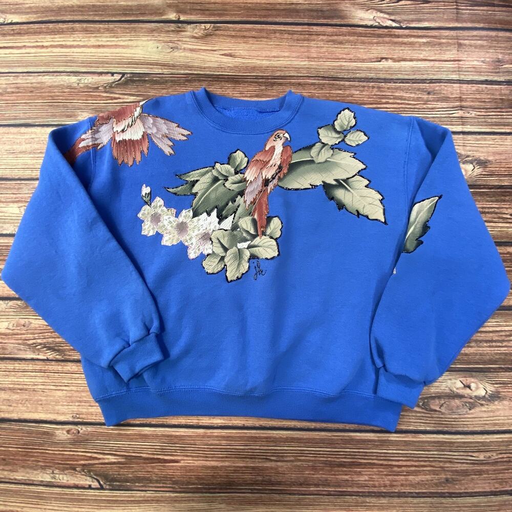 Vintage 80s 90s Parrot Bird Applique Sweatshirt Blue Puff Paint Glitter Boho L